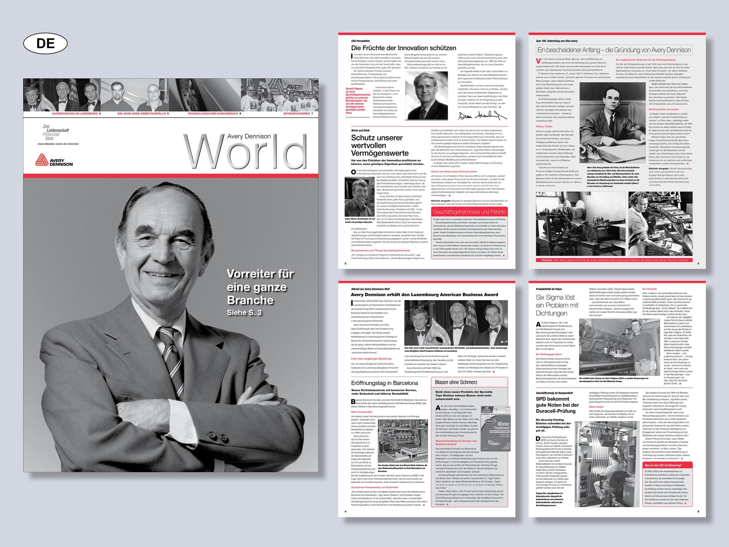 Avery Dennison corporate magazine multilingual typesetting sample — German, Spanish, French, Dutch, and Chinese editions