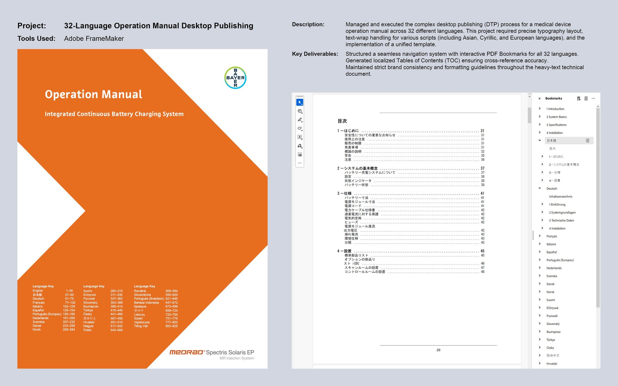 32-language operation manual multilingual DTP sample — Adobe FrameMaker typesetting in Asian, Cyrillic, and European scripts