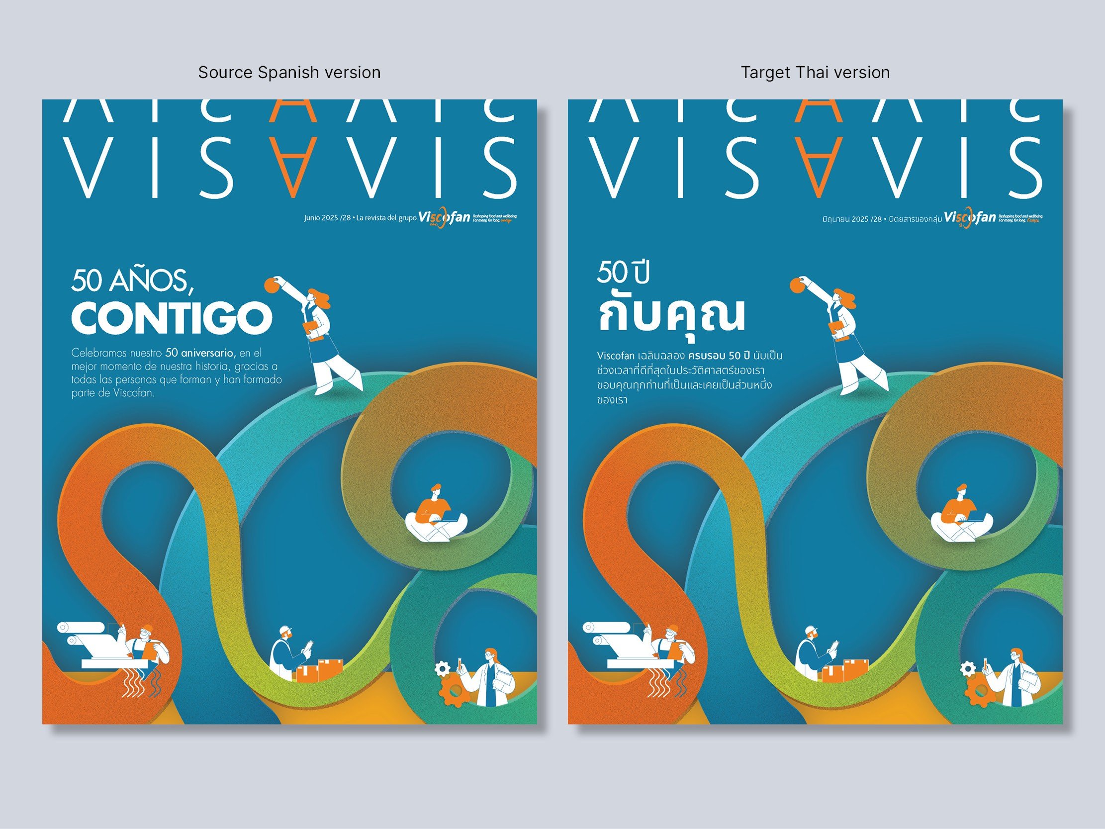 Viscofan Vis-a-Vis corporate magazine adaptation sample — Spanish to Thai multilingual DTP layout